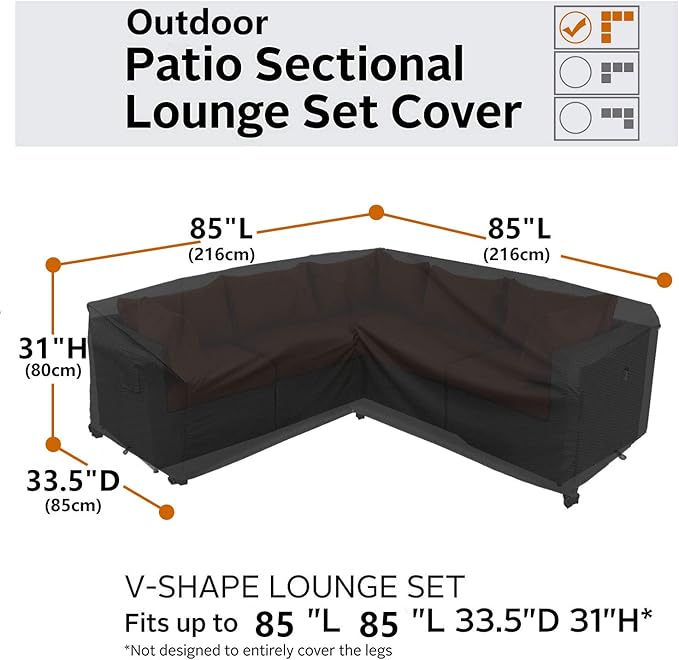 Heavy Duty Outdoor Sectional Cover, 85"x85" 5-Seater Waterproof 600D Patio Furniture Covers, Lawn Patio Couch Protector(Storm Grey,V-Shaped 85"x85")