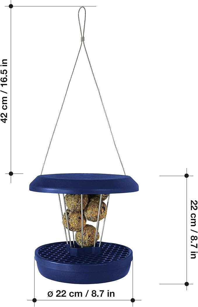 SWISSINNO Bird Feeders - No Mess Fat Ball/Suet Feeder for Outdoors Hanging - Smart Birds Lucerne Spill Proof Wild Cardinal Bird Feeder with Integrated Seed Catcher Tray - Indigo