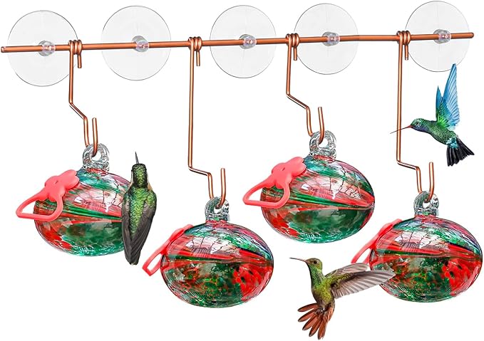 Pozfun Set of 3 Hummingbird Feeders for Outdoors Hanging,Hand-Blown Glass Hummingbird Feeder with Silicone Feeding Perch,Never Leak,Gardening Gifts for Woman Man(Red)
