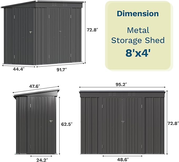Patiowell 8x4 FT Outdoor Storage Shed, Heavy Duty Tool Metal Sheds with 3 Lockable Doors and Updated Frame Structure for Garden, Backyard, Patio, and Utility Storage, Black
