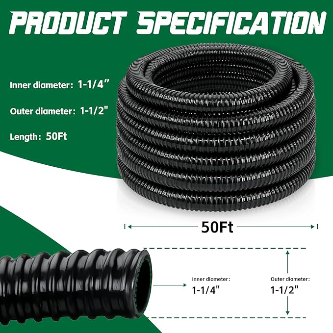 Pond Tubing 1-1/4” × 50 Feet Black Flexible PVC Pond Hose,Garden Pond PVC Tube - Reinforced, Kink-Resistant Tubing for Pumps, Fountains & Waterfalls, with 4 Clamps,1-1/4" Dia