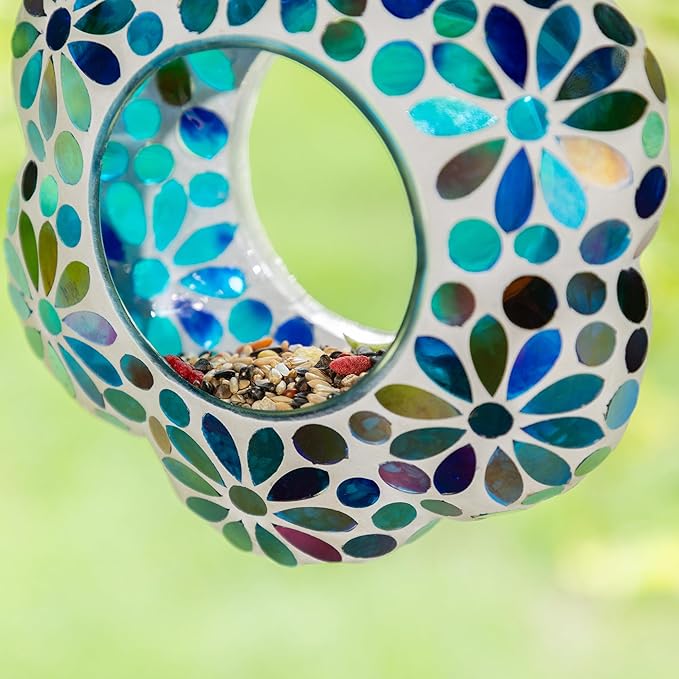 Glitzhome 8''D Hanging Glass Birdfeeder,Flower Shaped Fly Through Wild Bird Feeder for Outdoors,Multi-Color Mosaic Birdfeeder for Garden,Yard,Backyard,Deck and Porch Decor