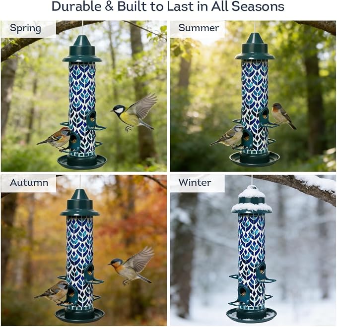 Lily's Home Blue Mosaic Tube Bird Feeder - Attracts Small Birds - 4 Feeding Ports, 3 or 4 Cups Capacity & 6'' Hanging Wire - Tube Bird Feeders for Outdoors Garden - Easy Refill - Twist-Off Cap