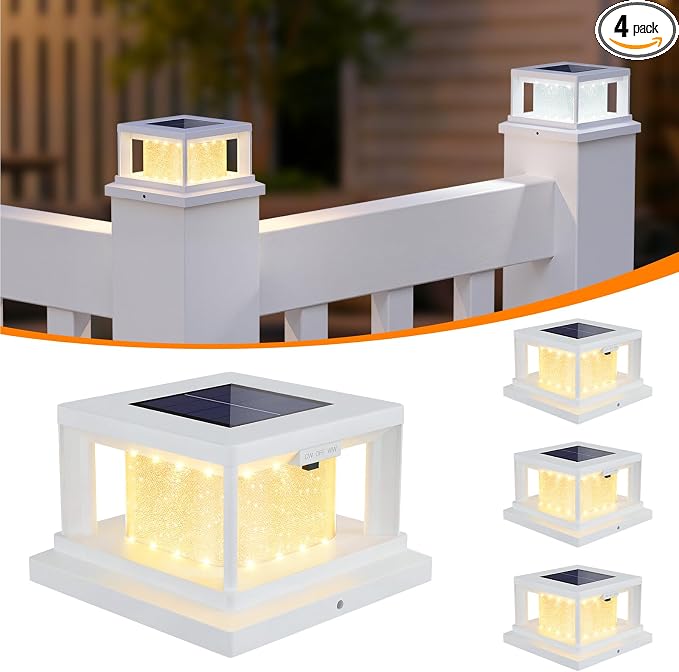 Mlambert 4 Pack Solar Post Lights Outdoor, 2 Modes LED Fence Cap Light for 4x4 Post, Waterproof Deck Light Patio Garden Decor, Warm/Cool White, White