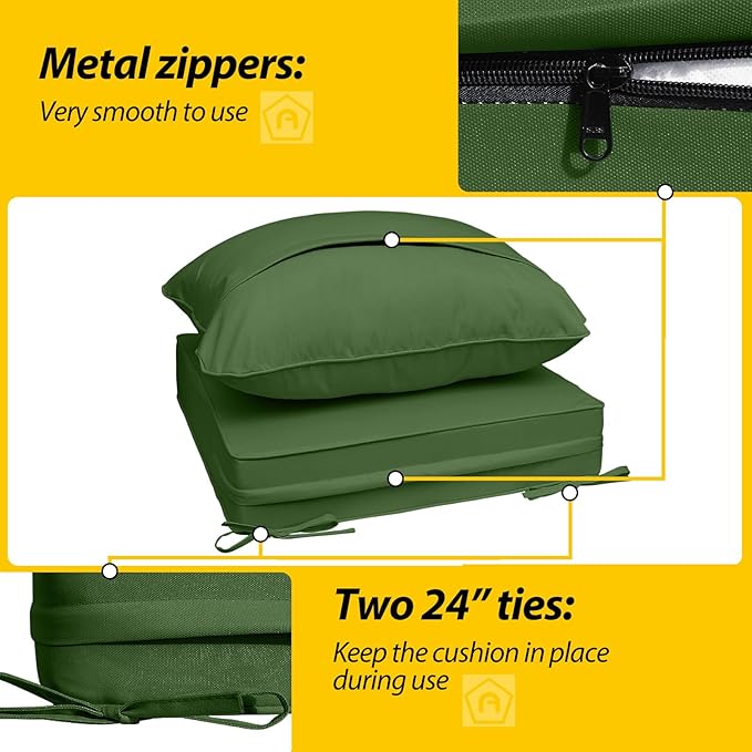 AAAAAcessories Outdoor Seat Cushions for Chairs, Fade-Resistant, Waterproof Patio Furniture Replacement Cushions, 24" x 24" x 5" + 24" x 19", Dark Moss Green