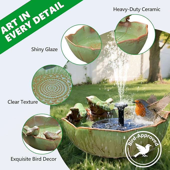 Ceramic Bird Bath for Outdoors, Solar Fountain Hummingbird Solar Bubbler Fountain with Ground Ceramic Bird Baths Bowl for Outside, Large Table Top Garden Décor for Patio, Yard & Home