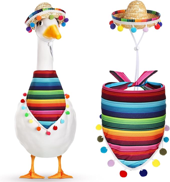 Shyyween Mexican Porch Goose Outfit for 23"/ 17'' Lawn Goose Statue Sombrero with Bandana Scarf for Garden Patio Yard Decor(Colorful)