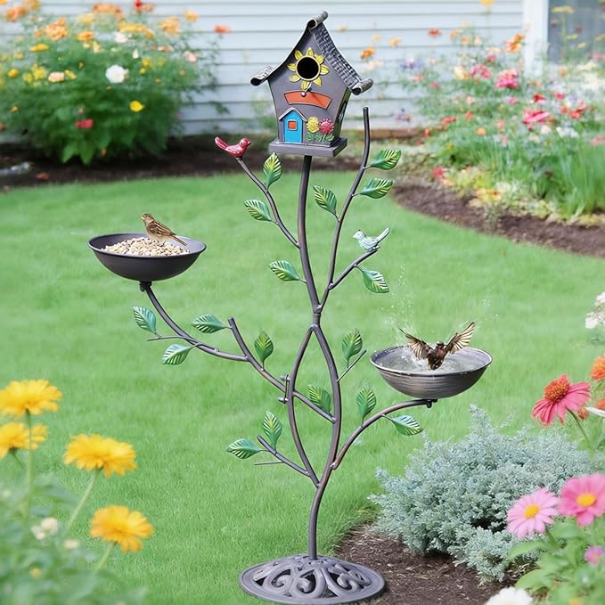 Metal Bird Houses for Outside, Bird Feeder and Bird Bath,3-in-1,Freestanding with Cast Iron Base, Outdoor Garden & Courtyard Decoration