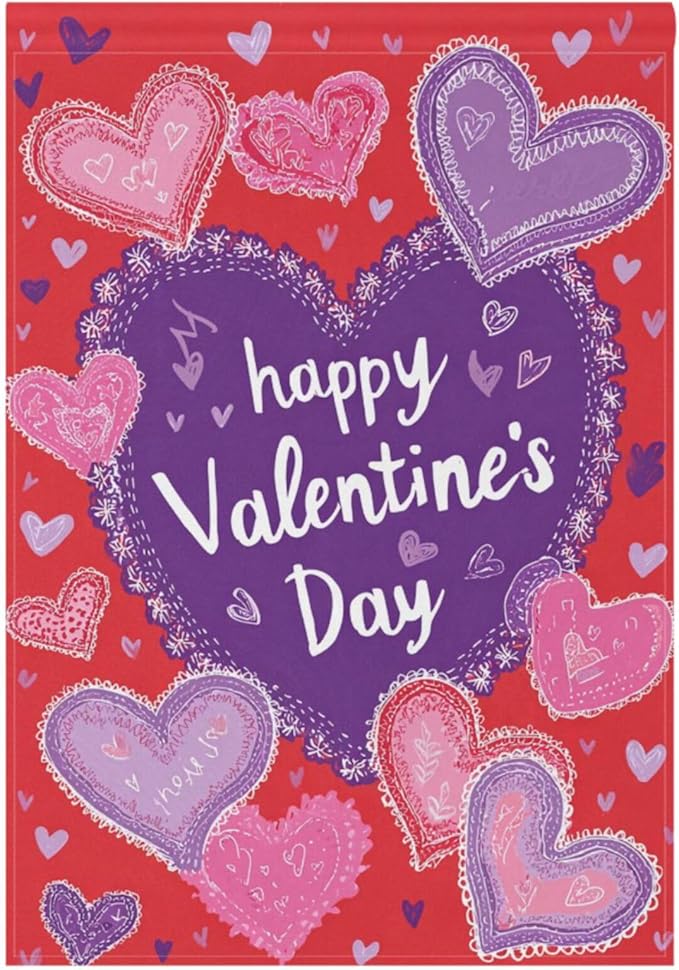 Pfrewn Valentine Garden Flag 12 x 18 Double Sided, Retro Pink and Lavender Hearts House Yard Flags Welcome Spring Outdoor Indoor Banner for Wedding Party Home Decorations