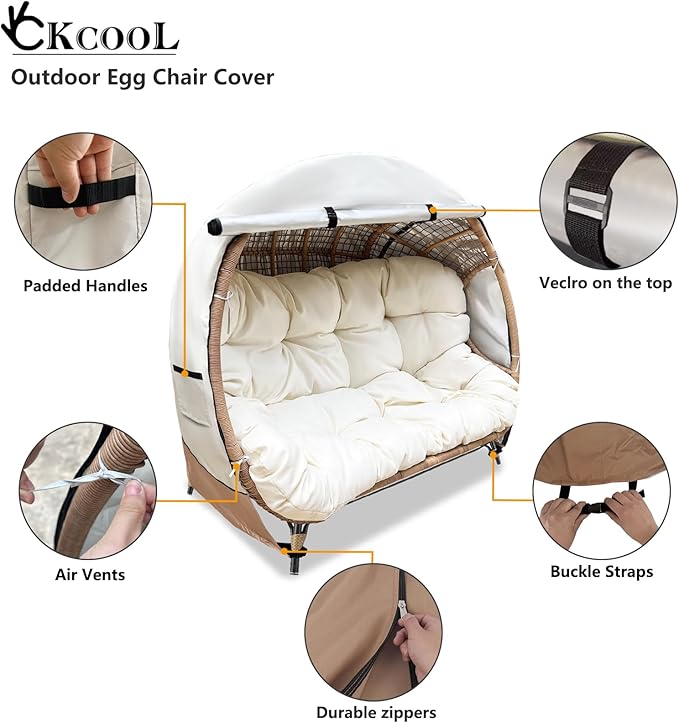 okcool Outdoor Egg Chair Cover,Double Egg Chair Cover for 2 Person Egg Loveseat Chair (Beige & Brown,Fits 35.4" D x 57.1" W x 56.3" H Egg Chair) ﻿