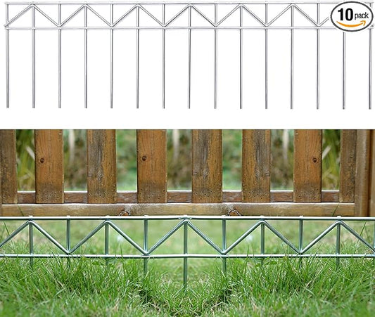 10 Pack 32" L x 10" H Animal Barrier Fence, No Dig Fence Patented Product, 5.5mm Galvanized Stakes with 2.1" Spacing, Anti Digging for Dogs Outdoor Yard Patio, Total 26.6Ft(L) X 10in(H) Silver