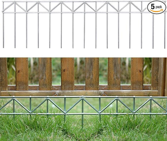 5 Pack 32" L x 10" H Animal Barrier Fence, No Dig Fence Patented Product, 5.5mm Galvanized Stakes with 2.1" Spacing, Anti Digging for Dogs Outdoor Yard Patio, Total 13.3Ft(L) X 10in(H) Silver