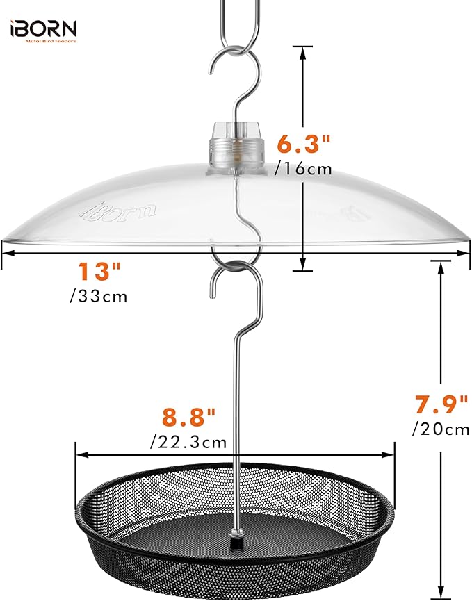 iBorn Hanging Bird Feeder Tray & Rainroof Cover, Bird Feeder Bowl with 13”Bird Feeder Cover for Rain Guard, Chew-Proof Polycarbonate & Thick Metal Hanger, Easy to Refill & Clean, Transparent & Black