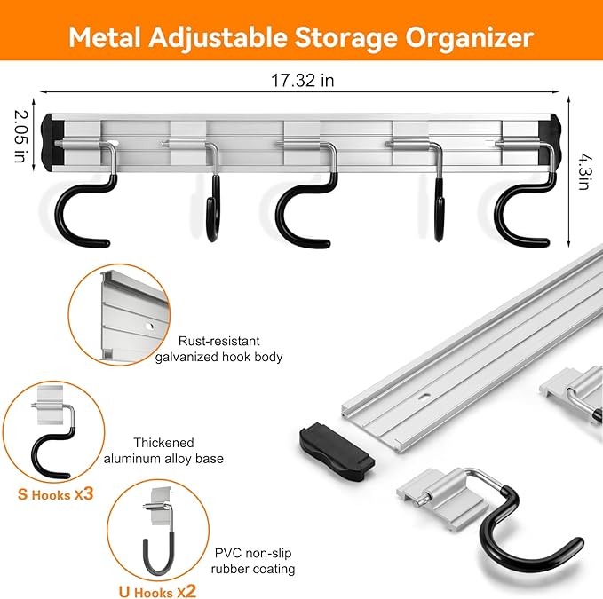 HUPBIPY 69'' Aluminum Alloy Garden Tool Organizer Wall Mount Garage Organizers and Storage with Hooks Tool Hangers for Shed Hooks for Shovel, Rake, Broom & More
