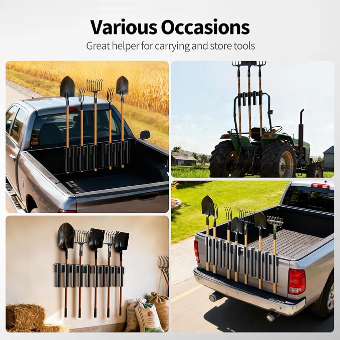 10 Hole Shovel Holder for Truck Bed & Trailer, Heavy-Duty Steel Tool Rack with 2 Mounting Groups, Universal Organizer for Shovel, Rake, Trimmer, Lawn Tools, Black