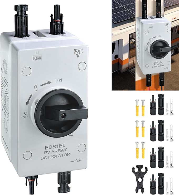 Solar Disconnect Switch 4-Pole DC1500 32A Isolator Solar Switch with Enclosure for Rooftop Solar Systems, RVs and Boat Waterproof IP66 Black 2MC4