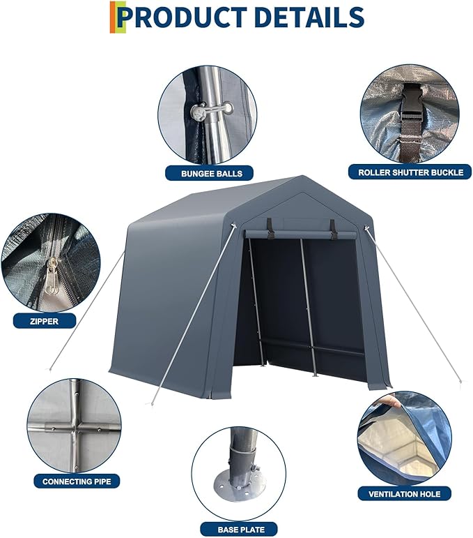 GarveeLife Portable Outdoor Storage Shed with Roll-Up Zipper Door & Vent, 240G Heavy-Duty Shelter Waterproof PE Tarp, UV-Resistant Carport for Motorcycle, Firewood, Tools (Gray, 7'x10')