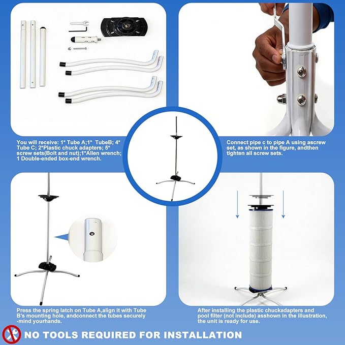 Pool Filter Cleaning Stand, Upright Stand for Cartridge Filters, Smooth Bearing-Assisted Spin, Easier Upright Rinsing for Routine Pool Maintenance, Fits 3”/4”/6” Center-Hole Filters Up to 35”