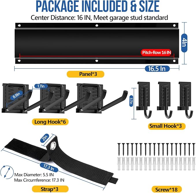 Volitaous 48Inch Garage Garden Tool Organizer Wall Mount, Heavy Duty Garage Tool Storage Rack, Adjustable Mix 9PC Metal Hooks, Rake Hangers Yard Tool Organizer Rack, Max 300Lbs