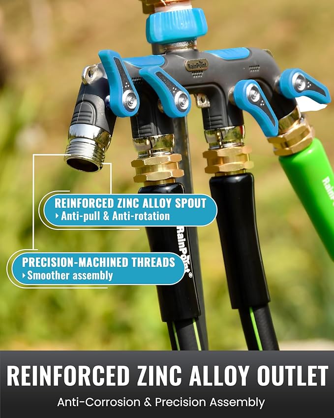 RAINPOINT 4 Way Garden Hose Splitter, 100% Metal Heavy Duty Water Hose Splitter with Individual Shut-Off Valves, 3/4" GHT High Flow Outdoor Faucet Splitter, 1.81" Extra Long Handle (Blue)