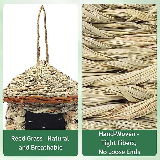 Gute Hummingbird House, Grass Hand Woven Birdhouses for Outdoors Hanging, Natural Bird Hut for Outside, Bird Houses for Audubon Finch Canary Chickadee - Set of 2