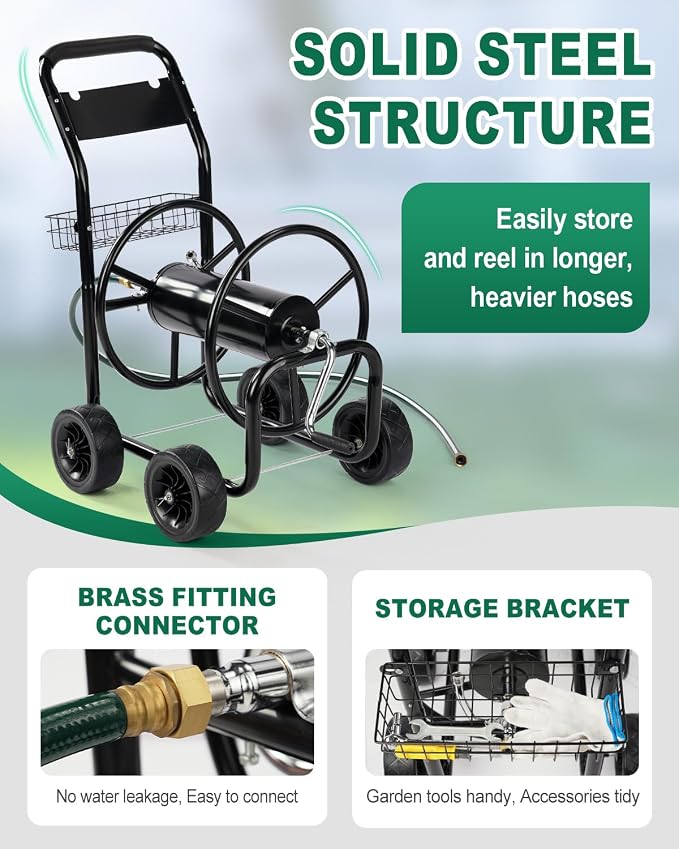 Outvita Garden Hose Reel Cart, Heavy Duty Water Hose Cart for Outside, Lawn Watering, for Garden, Yard, Lawn, Farm, Hold Up to 300 ft of 5/8’’ Hose, 4 PU Wheels, Storage Basket (Green)