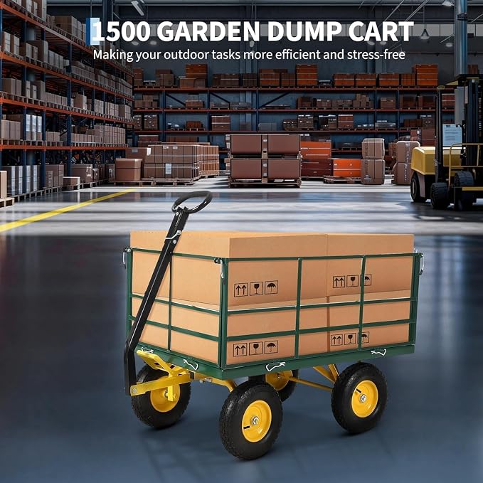 Heavy Duty 1500 Lbs Capacity Mesh Steel Garden Cart Folding Utility Wagon with Removable Sides, Garden Cart on Wheels for Gardening Soil, Tools, and Plant Transport