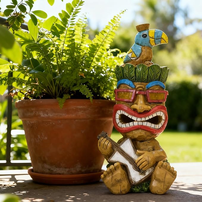 Solar Tiki Garden Statue Outdoor Decor - Tiki Bar Decorations 11.69 inch Tall for Outdoor Patio, Balcony, Yard, Backyard,Lawn,Tiki Gifts