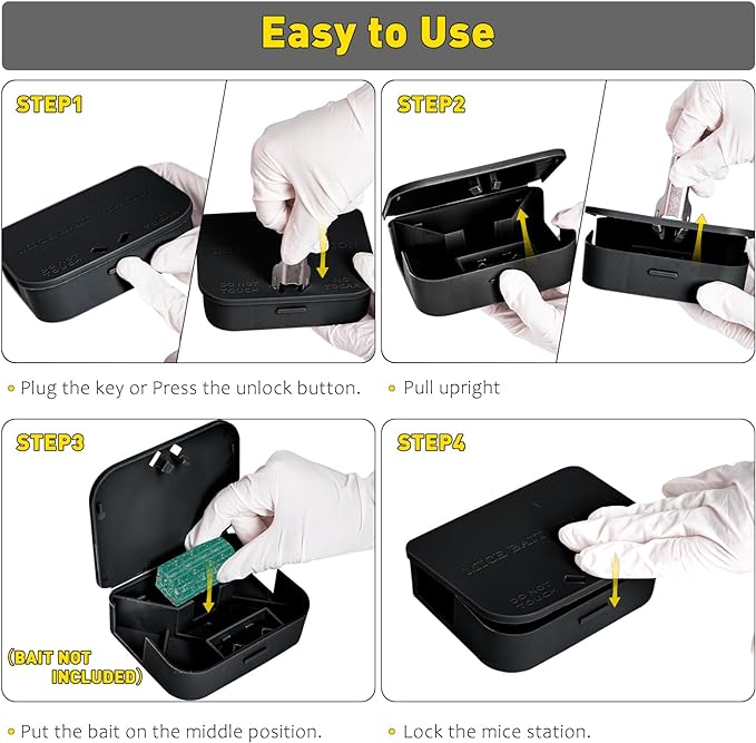 Mouse Stations with Keys 6 Pack, Keyless Design and Key Required Mouse Stations, Mice Stations, Keeps Children and Pets Safe Indoor & Outdoor, Black