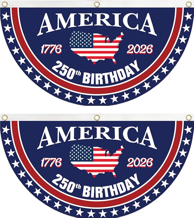 WENWELL 250 year anniversary Birthday Bunting Flag, 1776-2026 Commemorative Patriotic Fan Banner, 1.5x3 FT with Brass Grommets 2 Pack