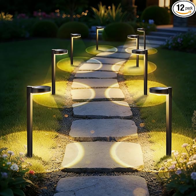 APONUO 12 Pack Solar Pathway Lights Outdoor, 3 Color Temperatures Selectable CCT, Focused Ground Spot Lens, Brighter Up to 12 Hrs IP65 Waterproof Path Lights for Walkway Driveway Yard Garden(Black)