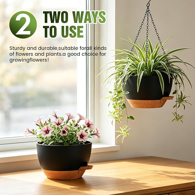 8 Inch Self Watering Hanging Planters, 3 Pack Plastic Plant Pots | Sturdy lightweight pot with side watering lip, drainage holes, snap-on detachable tray & hanging chain for easy care