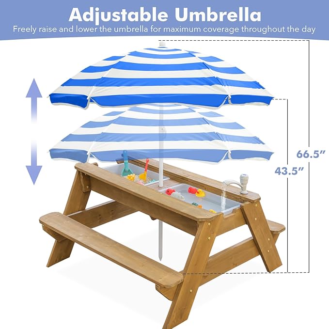 Kids 3-in-1 Sand & Water Table, Wood Outdoor Convertible Picnic Table w/Umbrella, 2 Trays, Removable Top with Faucet, Picnic Table for Outdoor Playset (Natural/Blue)