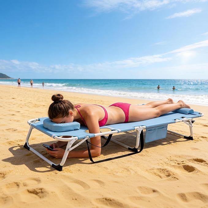 ABORON Oversized Folding Sun Tanning Chair, 3 in 1 Heavy Duty Chaise Lounge Chairs, with Mat/Pillow/Face Arm Holes, Work for Beach Pool/Lawn Yard/Patio