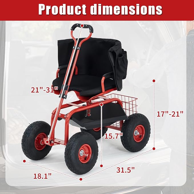 Garden Cart Rolling Workseat with Wheels, 360° Swivel Gardening Stool, Extendable Steering Handle & Utility Tool Tray, 10-Inch Inflatable Tires, Reinforced Steel Construction for Patio, Yard, Outdoor