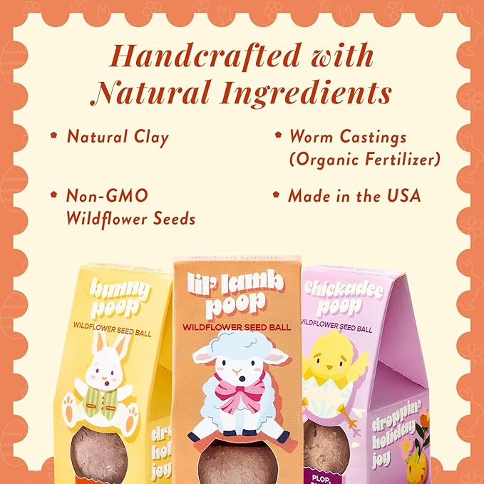 Modern Sprout Wildflower Seed Ball Poop - Eco-Friendly Gift - Non-GMO Hand-Rolled Clay Seed Bombs w/Wildflower Seeds - Plop Plant & Grow Gardening Gift Set for Kids & Adults - (Easter Plop-Pack of 3)