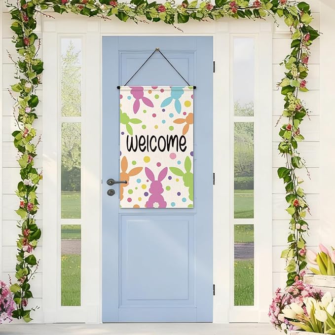 Tegeme 3 Pcs Happy Easter Door Sign Flag Welcome Easter Door Banner Bunny Wall Hanging Ornaments Flag for Party Holiday Outdoor Indoor Home Decoration