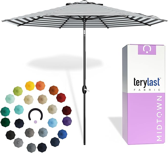 Midtown Umbrellas - 10-Year-No-Fade 10 Ft Patio Umbrella with Terylast Fabric, Auto-Tilt Aluminum Frame and 8 Reinforced Ribs for Deck, Pool, Garden & Beach - Grey/White Stripes Canopy, Black Pole