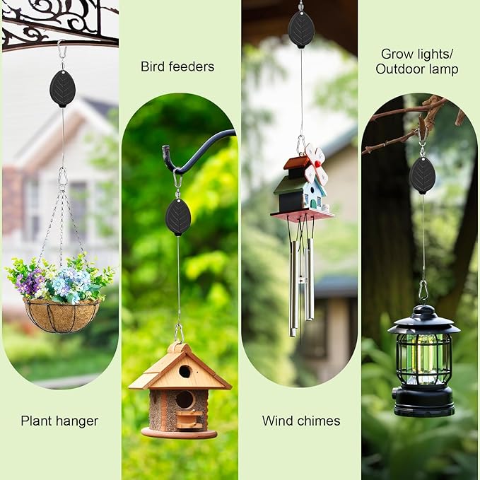 2026New 2Pcs Retractable Plant Hanger with Leaf Texture,44Lbs Load Capacity,Auto Lock,Adjustable Hook for Hanging Plants,Bird Feed,Wind Chimes,Garden Pots,Rust-Proof Stainless Steel,Black