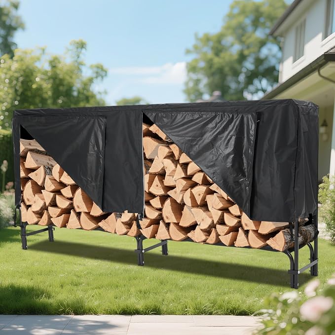 8ft Firewood Rack Holder with Cover, Heavy Duty Fire Log Stacker Stand for Fireplace, Outdoor Indoor Metal Wood Pile Storage Organizer, Patio Logs Stand tool, Black