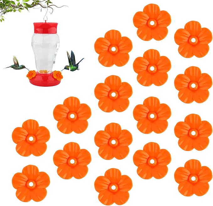 Hummingbird Feeder Replacement Parts - 16 PCS Orange Flowers, Bee Guards for Perky Pet Glass Plastic Base