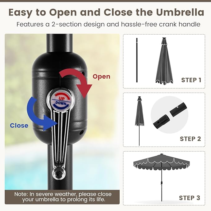 Tangkula 9 FT Solar Patio Umbrella, 2-Tiers Scalloped Outdoor Table Market Umbrella with 32 LED Lights, Vented Top, Tilt Adjustment, Crank, 8 Ribs for Backyard Poolside Deck Beach Lawn (Gray)