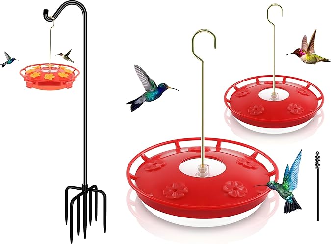 Shepherds Hook &2 Pack 16 oz Plastic Disc Hummingbird Feeders