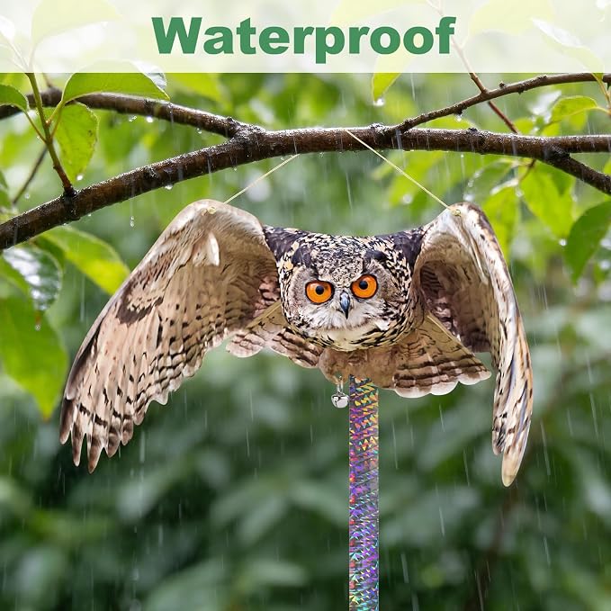 Fake Owl Hanging Outdoor Decoration, 3 Pack Flat Garden Owl with Reflective Tape and Bell to Scare Squirrel Pigeon Woodpecker from House Patio Yard Porch Window, Plastic Owl Scarer