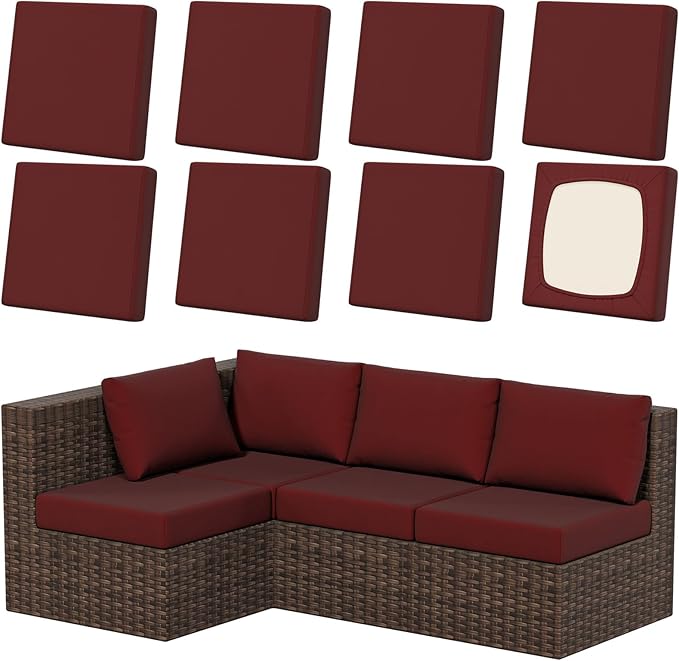 8Pcs Patio Stretch Cushion Covers, Outdoor Couch & Sofa Replacement Slipcovers for Patio Furniture Cushion Covers, Washable Reusable Furniture Protector, Square Large, Wine Red