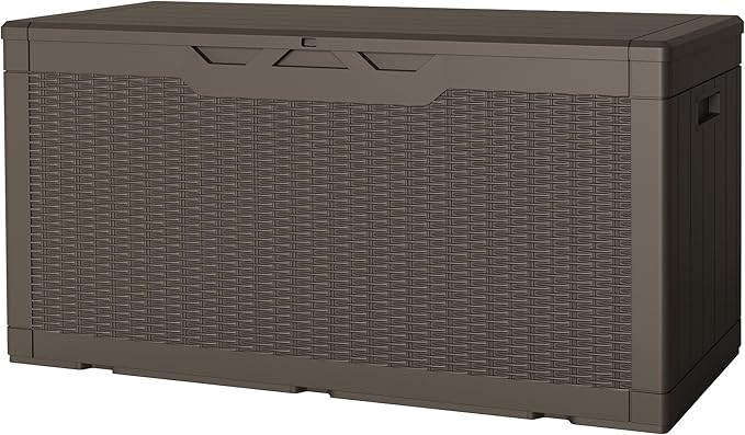 JUMMICO 100 Gallon Resin Deck Box, Waterproof Outdoor Storage Box with Lockable Lid for Garden Tools, Patio Cushions (Brown)