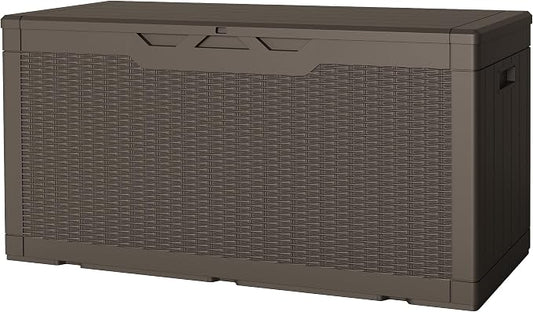 JUMMICO 100 Gallon Resin Deck Box, Waterproof Outdoor Storage Box with Lockable Lid for Garden Tools, Patio Cushions (Brown)