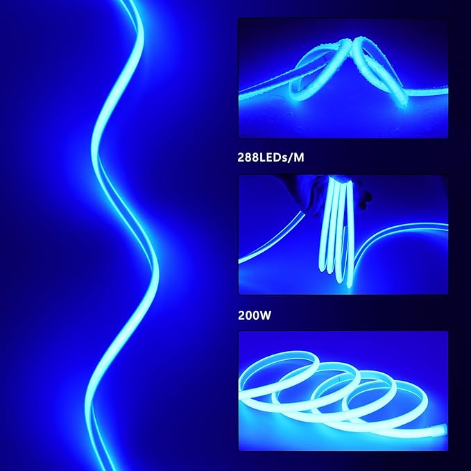 BENLUN AC 110V COB LED Strip Lights Outdoor Waterproof 65.6ft, Blue Super Bright 200W LED Rope Light, IP65 Flexible Cuttable, for Bedroom Garden Commercial House Gaming Room Decor