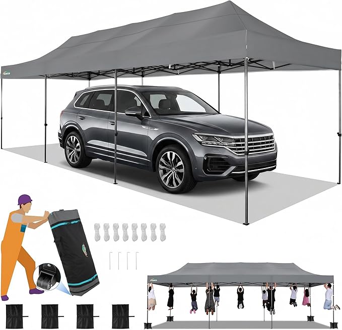 COBIZI 10x30 Pop up Carport, Heavy Duty Without Sidewalls, Easy Set-up Commercial Outdoor Party Canopy, 100% Waterproof Wedding Canopy Gazebo, 3 Height Adjustable with Wheeled Bag, Gray