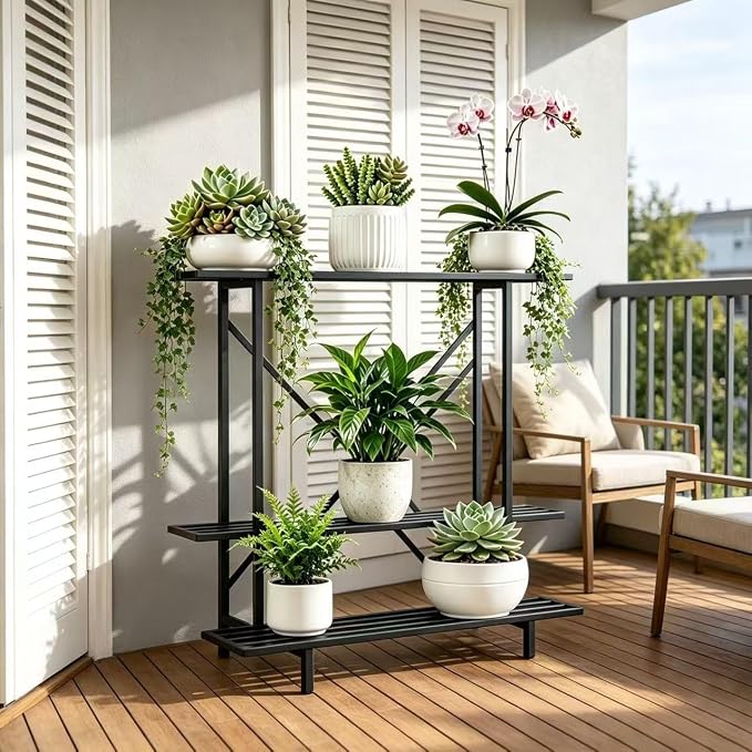 Zhongma 3 Tier Plant Stand Space-Saving Heavy Duty Plant Holder for Balcony, Home, Garden ,Metal Sturdy Plant Stand for Indoor and Outdoor